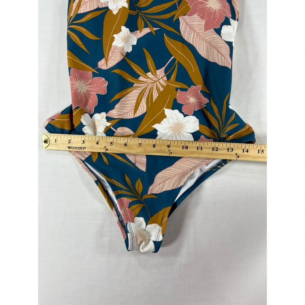 Kona Sol Womens Small Teal Tropical Floral Lace Up Back One Piece Swimsuit